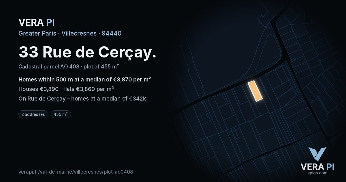 33 Rue de Cerçay, Villecresnes at night – the plot lit, the parcels around coloured by the prices near them