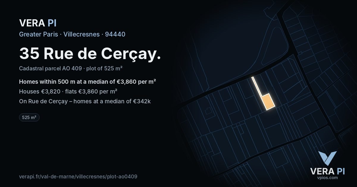 35 Rue de Cerçay, Villecresnes at night – the plot lit, the parcels around coloured by the prices near them