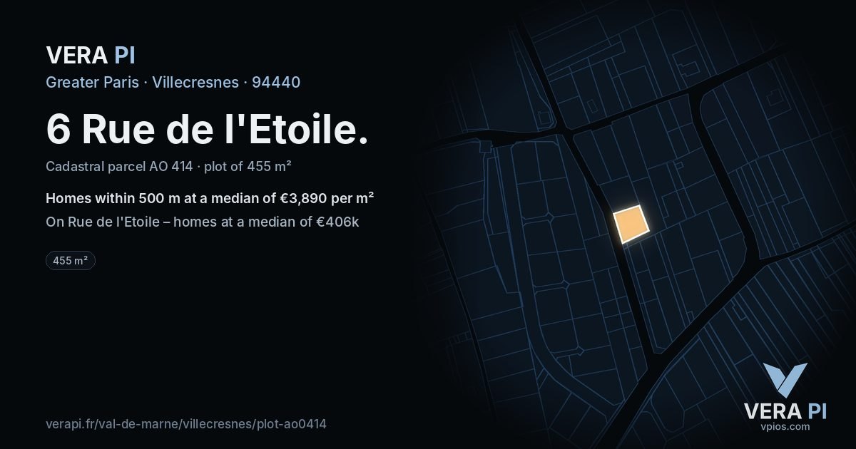 6 Rue de l'Etoile, Villecresnes at night – the plot lit, the parcels around coloured by the prices near them