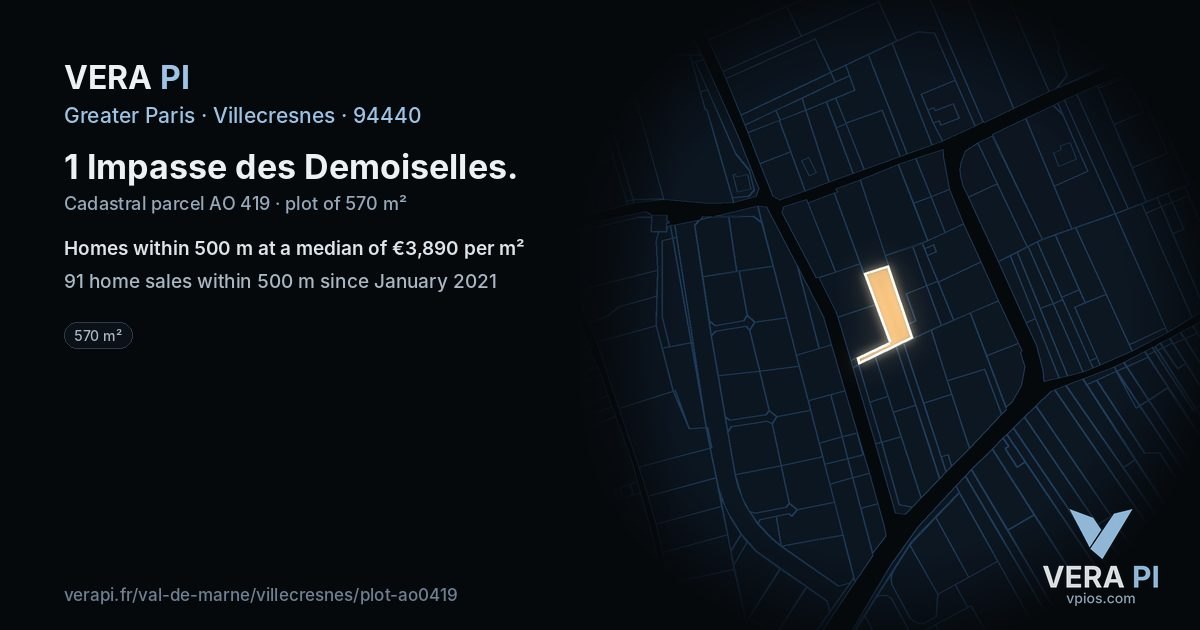 1 Impasse des Demoiselles, Villecresnes at night – the plot lit, the parcels around coloured by the prices near them
