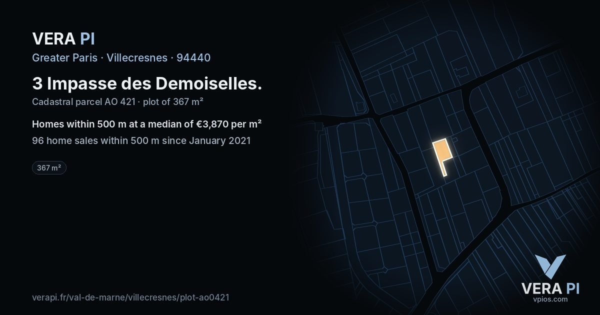 3 Impasse des Demoiselles, Villecresnes at night – the plot lit, the parcels around coloured by the prices near them
