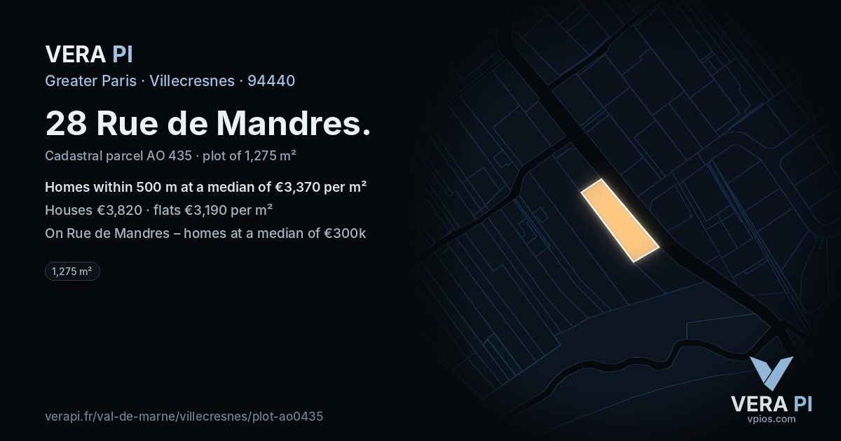 28 Rue de Mandres, Villecresnes at night – the plot lit, the parcels around coloured by the prices near them