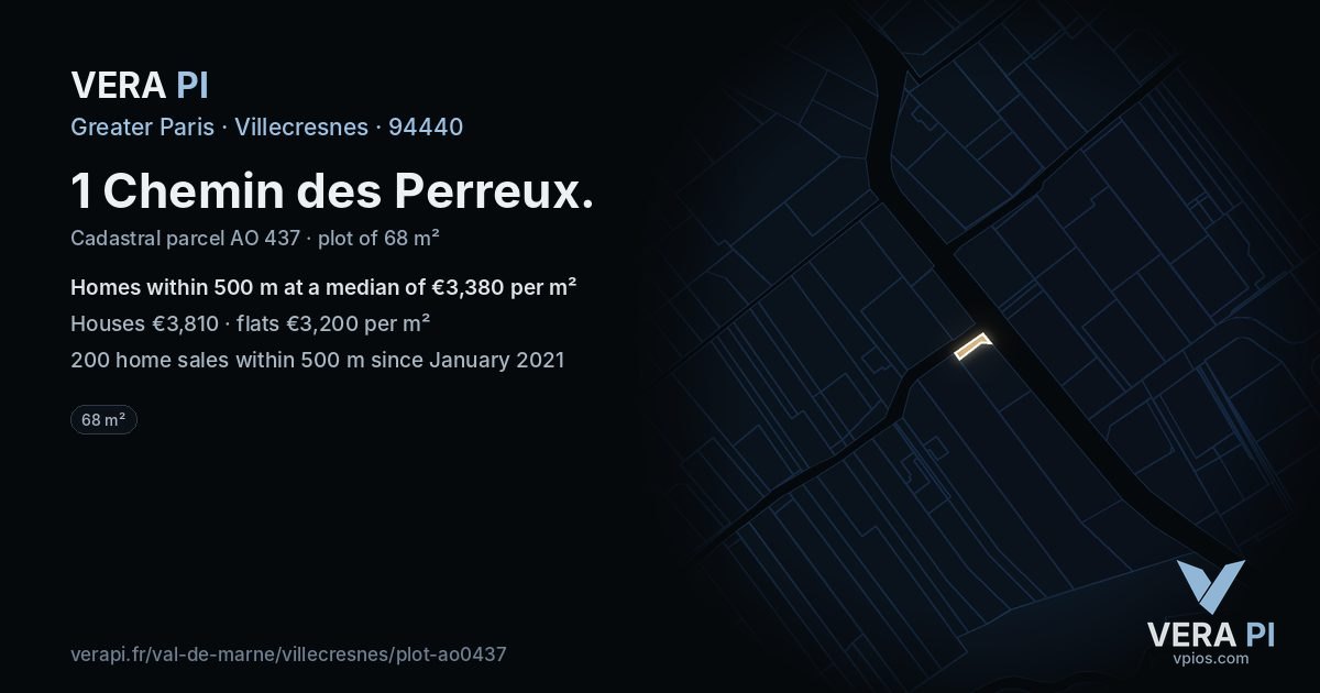 1 Chemin des Perreux, Villecresnes at night – the plot lit, the parcels around coloured by the prices near them