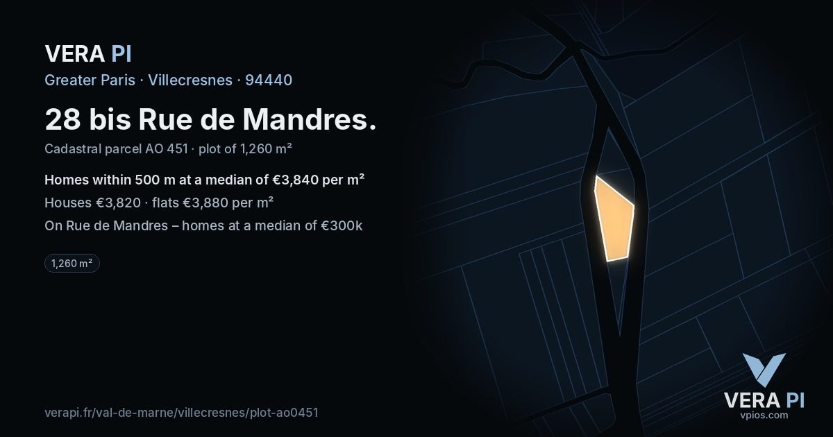 28 bis Rue de Mandres, Villecresnes at night – the plot lit, the parcels around coloured by the prices near them