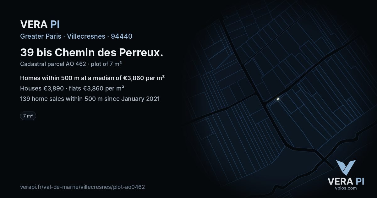 39 bis Chemin des Perreux, Villecresnes at night – the plot lit, the parcels around coloured by the prices near them