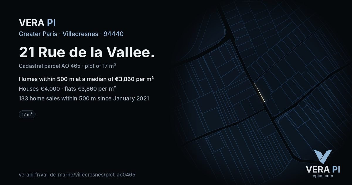 21 Rue de la Vallee, Villecresnes at night – the plot lit, the parcels around coloured by the prices near them