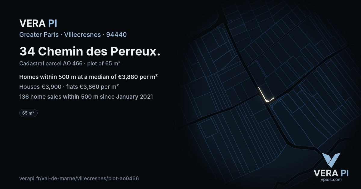 34 Chemin des Perreux, Villecresnes at night – the plot lit, the parcels around coloured by the prices near them