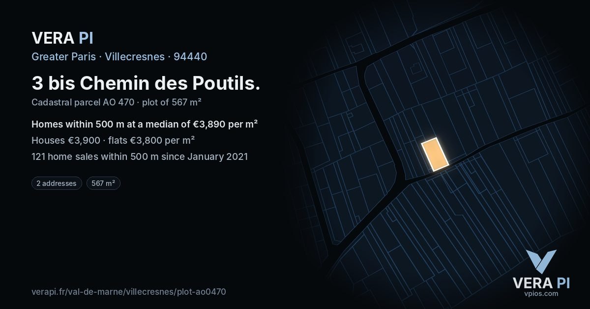 3 bis Chemin des Poutils, Villecresnes at night – the plot lit, the parcels around coloured by the prices near them