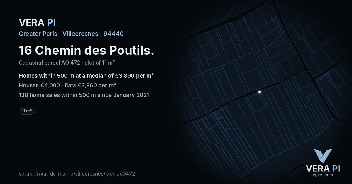 16 Chemin des Poutils, Villecresnes at night – the plot lit, the parcels around coloured by the prices near them