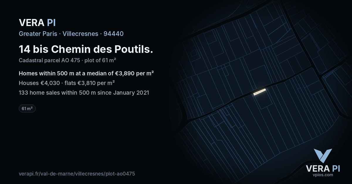 14 bis Chemin des Poutils, Villecresnes at night – the plot lit, the parcels around coloured by the prices near them