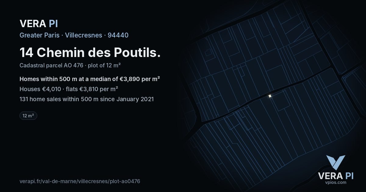 14 Chemin des Poutils, Villecresnes at night – the plot lit, the parcels around coloured by the prices near them