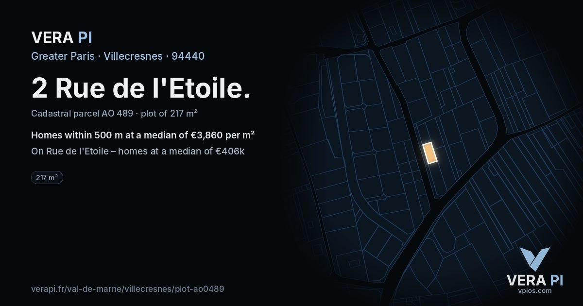 2 Rue de l'Etoile, Villecresnes at night – the plot lit, the parcels around coloured by the prices near them