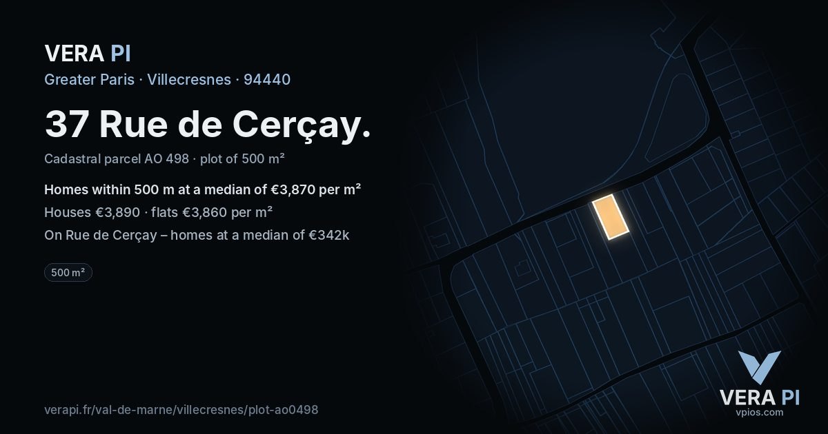 37 Rue de Cerçay, Villecresnes at night – the plot lit, the parcels around coloured by the prices near them