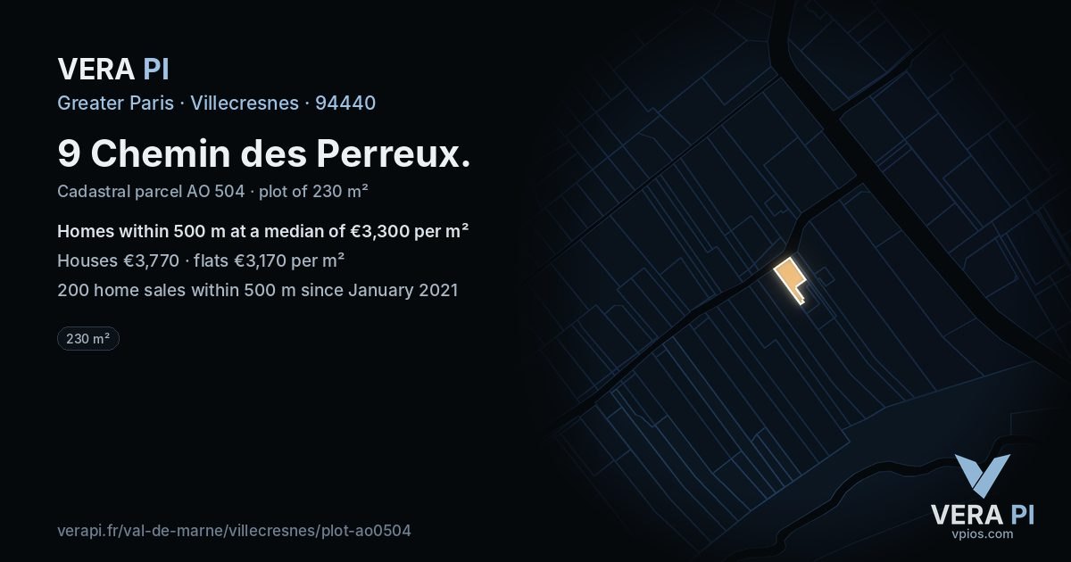 9 Chemin des Perreux, Villecresnes at night – the plot lit, the parcels around coloured by the prices near them