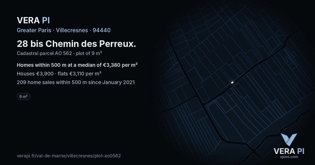 28 bis Chemin des Perreux, Villecresnes at night – the plot lit, the parcels around coloured by the prices near them
