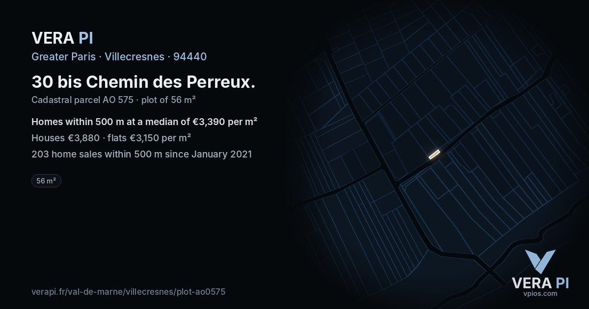30 bis Chemin des Perreux, Villecresnes at night – the plot lit, the parcels around coloured by the prices near them