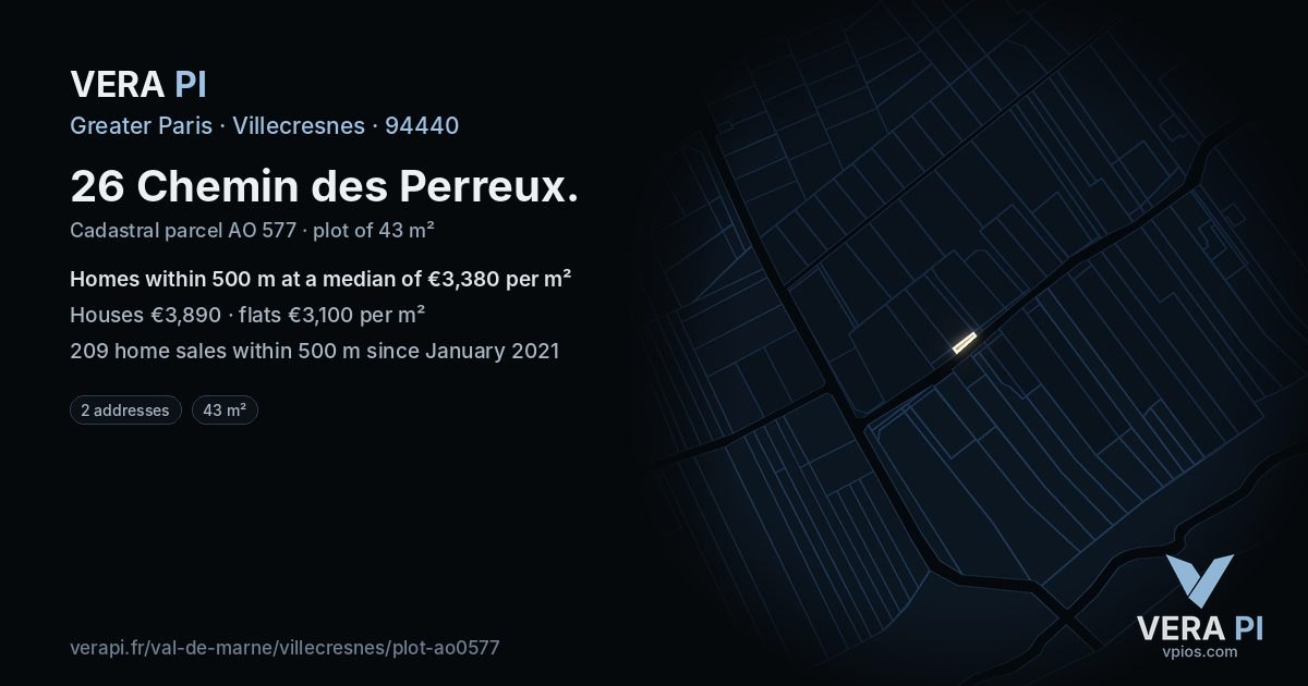 26 Chemin des Perreux, Villecresnes at night – the plot lit, the parcels around coloured by the prices near them