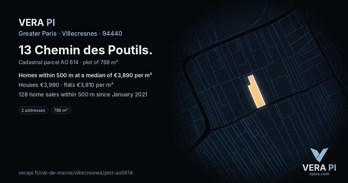 13 Chemin des Poutils, Villecresnes at night – the plot lit, the parcels around coloured by the prices near them