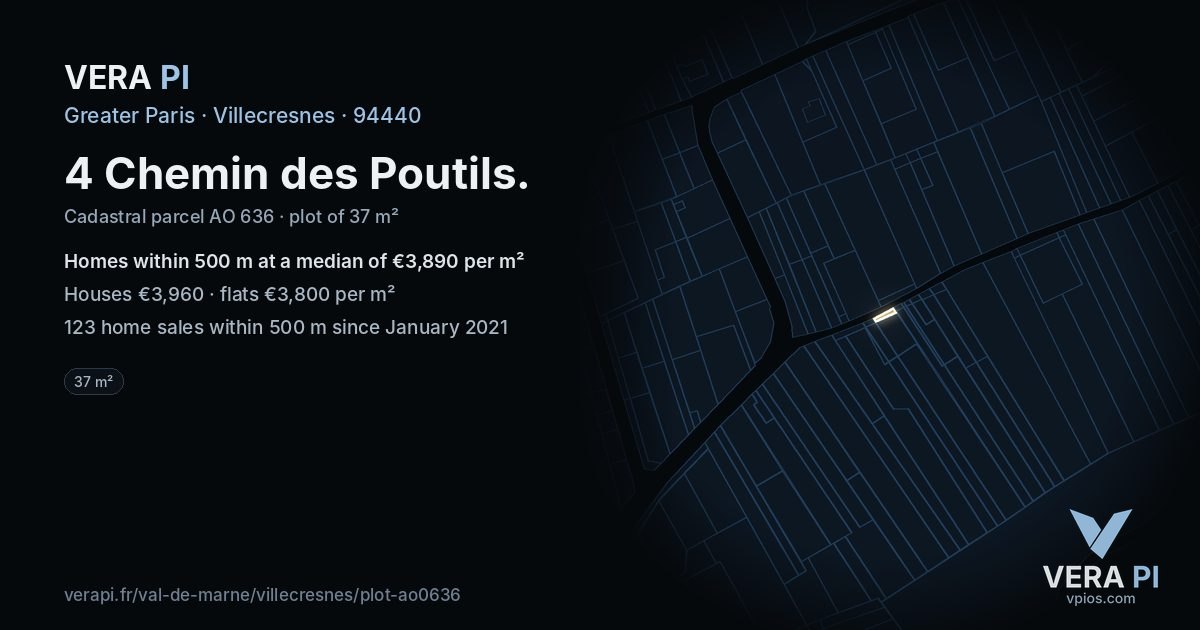 4 Chemin des Poutils, Villecresnes at night – the plot lit, the parcels around coloured by the prices near them