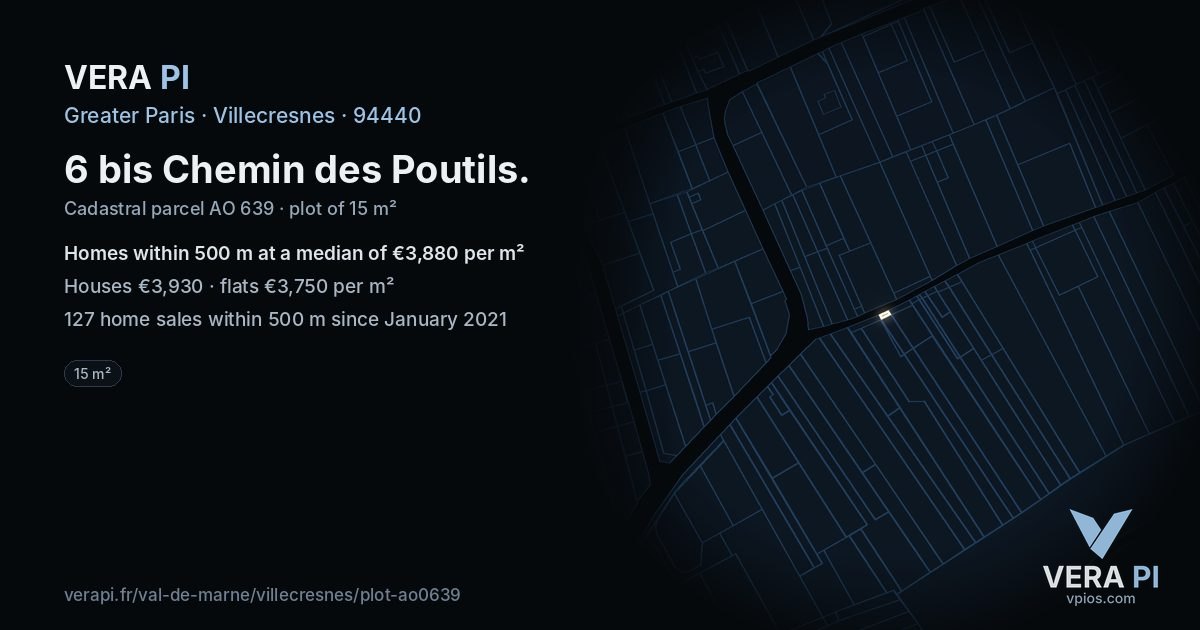 6 bis Chemin des Poutils, Villecresnes at night – the plot lit, the parcels around coloured by the prices near them