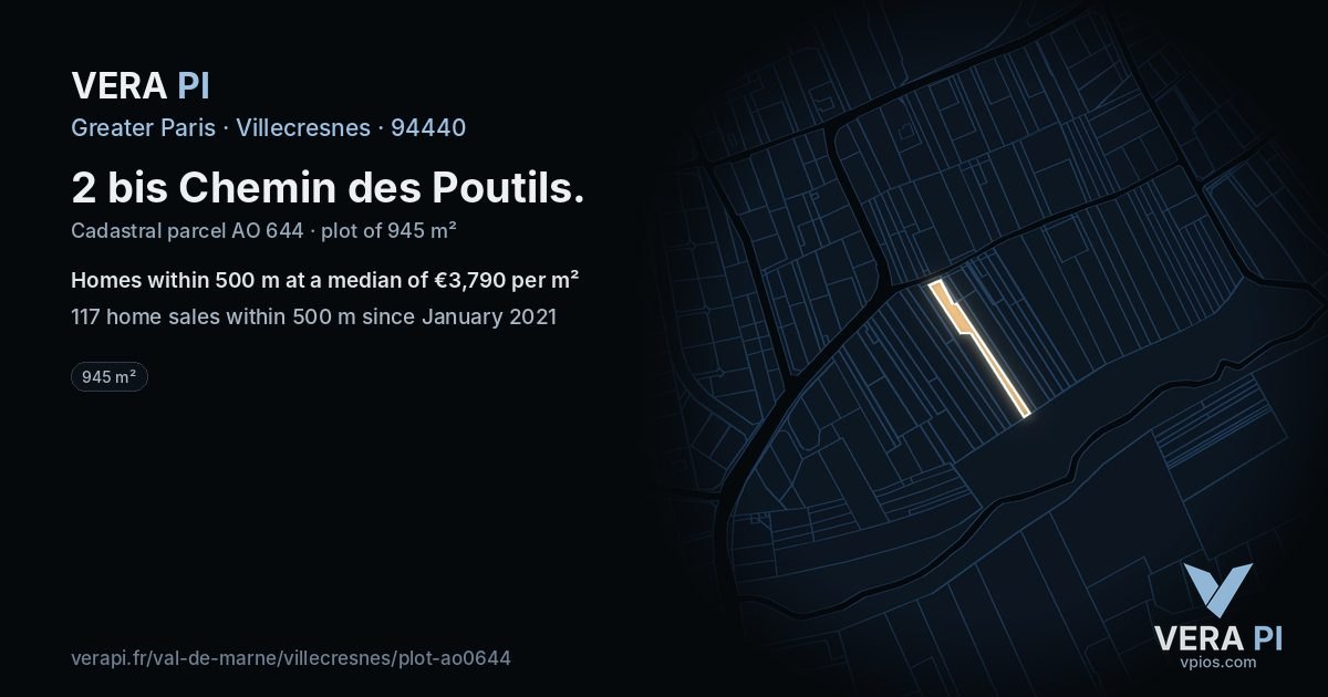 2 bis Chemin des Poutils, Villecresnes at night – the plot lit, the parcels around coloured by the prices near them