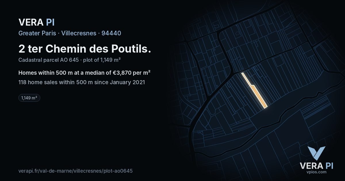 2 ter Chemin des Poutils, Villecresnes at night – the plot lit, the parcels around coloured by the prices near them