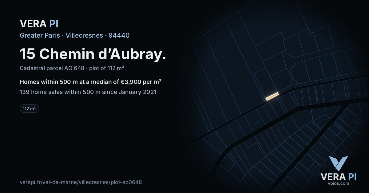 15 Chemin d’Aubray, Villecresnes at night – the plot lit, the parcels around coloured by the prices near them