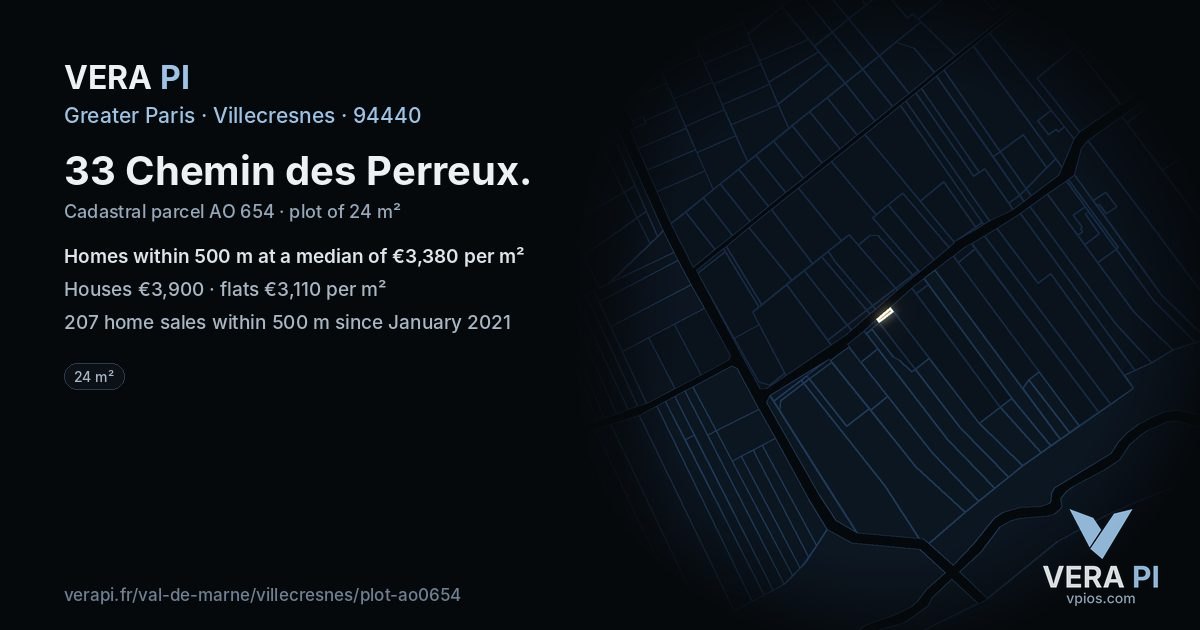 33 Chemin des Perreux, Villecresnes at night – the plot lit, the parcels around coloured by the prices near them