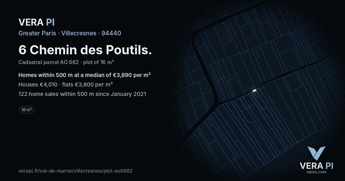 6 Chemin des Poutils, Villecresnes at night – the plot lit, the parcels around coloured by the prices near them