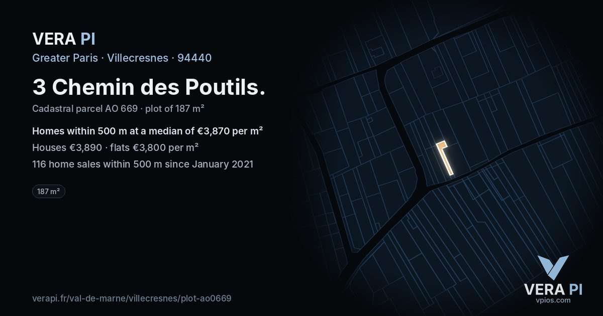 3 Chemin des Poutils, Villecresnes at night – the plot lit, the parcels around coloured by the prices near them