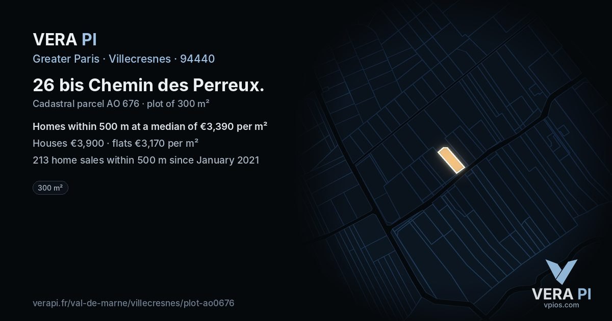 26 bis Chemin des Perreux, Villecresnes at night – the plot lit, the parcels around coloured by the prices near them