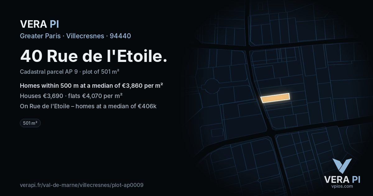 40 Rue de l'Etoile, Villecresnes at night – the plot lit, the parcels around coloured by the prices near them