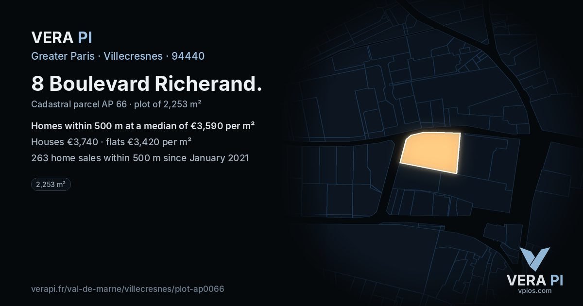 8 Boulevard Richerand, Villecresnes at night – the plot lit, the parcels around coloured by the prices near them