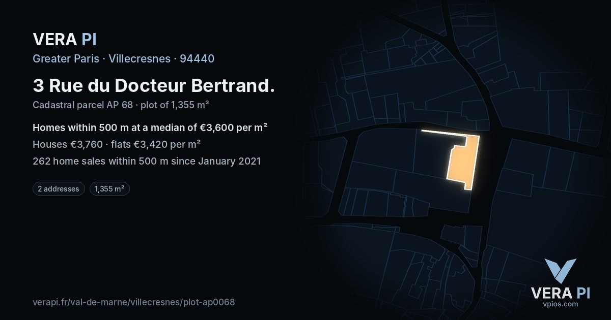 3 Rue du Docteur Bertrand, Villecresnes at night – the plot lit, the parcels around coloured by the prices near them