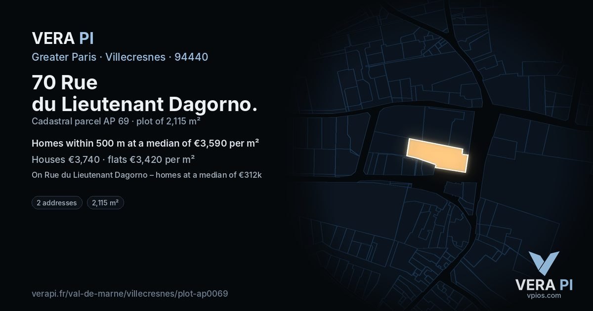 70 Rue du Lieutenant Dagorno, Villecresnes at night – the plot lit, the parcels around coloured by the prices near them