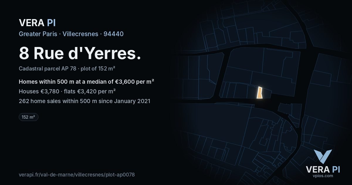 8 Rue d'Yerres, Villecresnes at night – the plot lit, the parcels around coloured by the prices near them