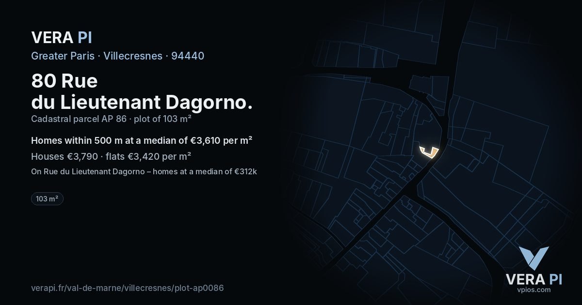 80 Rue du Lieutenant Dagorno, Villecresnes at night – the plot lit, the parcels around coloured by the prices near them