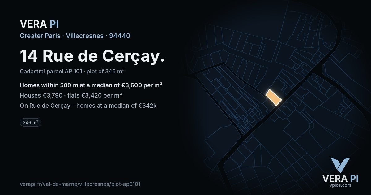 14 Rue de Cerçay, Villecresnes at night – the plot lit, the parcels around coloured by the prices near them