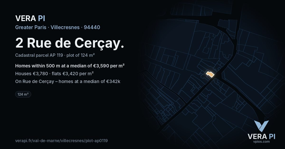 2 Rue de Cerçay, Villecresnes at night – the plot lit, the parcels around coloured by the prices near them