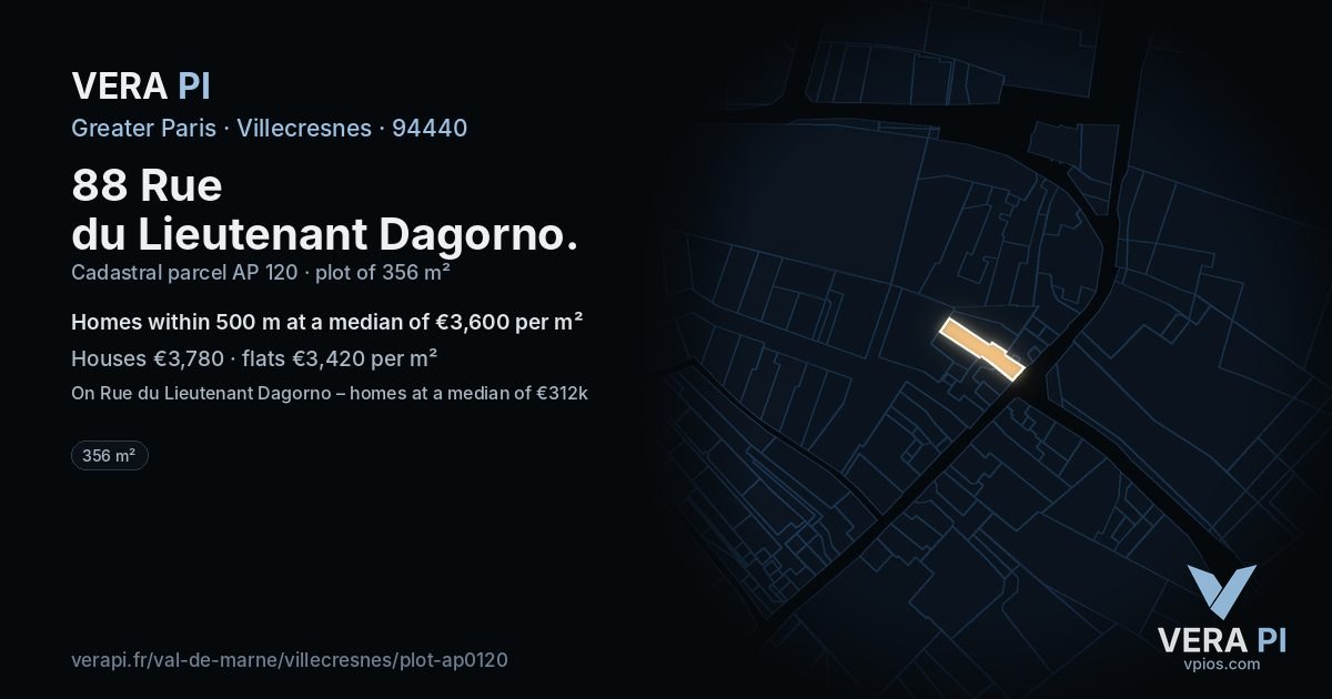88 Rue du Lieutenant Dagorno, Villecresnes at night – the plot lit, the parcels around coloured by the prices near them