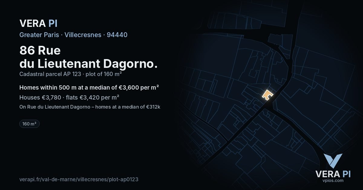 86 Rue du Lieutenant Dagorno, Villecresnes at night – the plot lit, the parcels around coloured by the prices near them