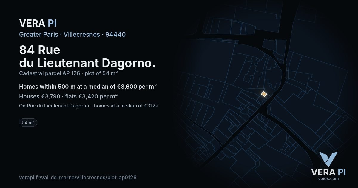 84 Rue du Lieutenant Dagorno, Villecresnes at night – the plot lit, the parcels around coloured by the prices near them
