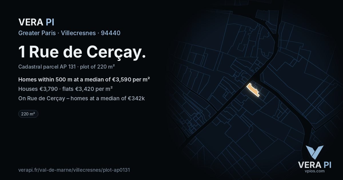 1 Rue de Cerçay, Villecresnes at night – the plot lit, the parcels around coloured by the prices near them