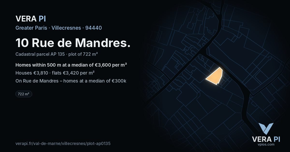 10 Rue de Mandres, Villecresnes at night – the plot lit, the parcels around coloured by the prices near them