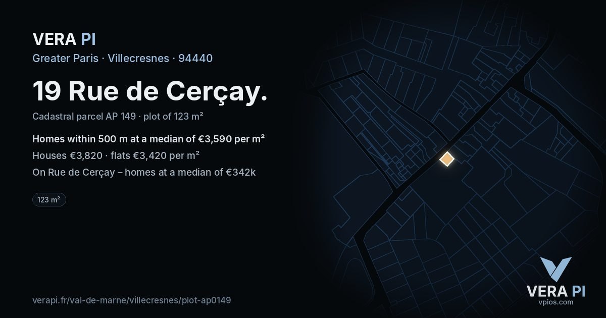19 Rue de Cerçay, Villecresnes at night – the plot lit, the parcels around coloured by the prices near them
