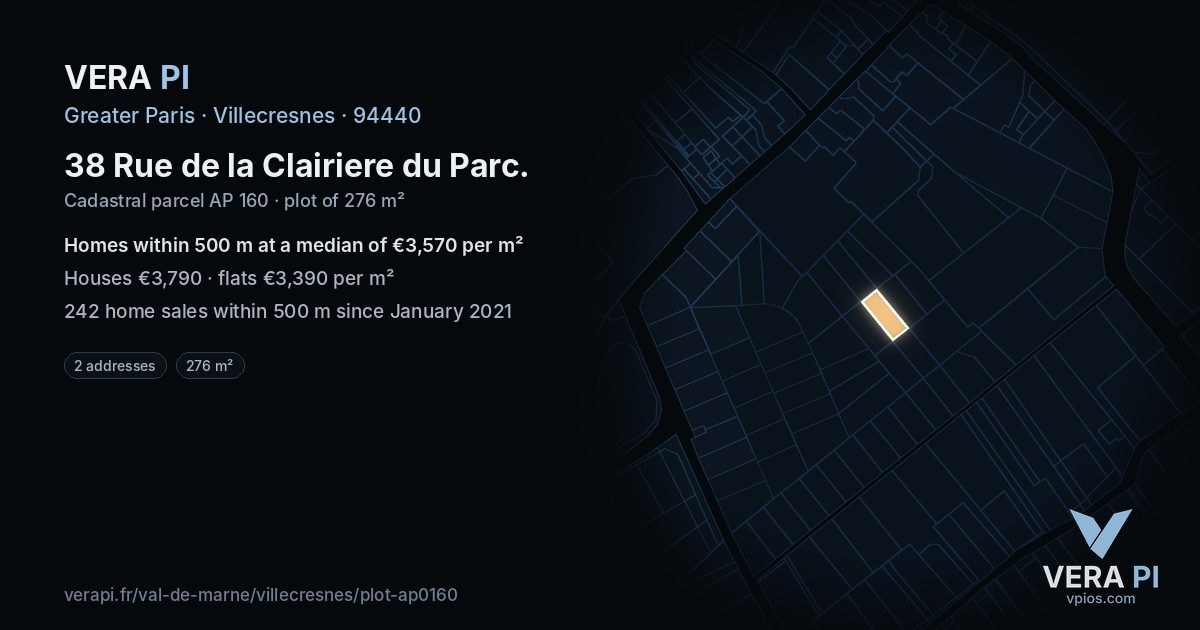 38 Rue de la Clairiere du Parc, Villecresnes at night – the plot lit, the parcels around coloured by the prices near them