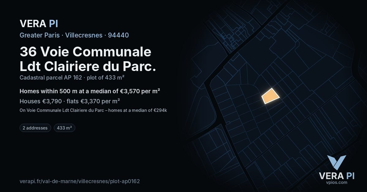 36 Voie Communale Ldt Clairiere du Parc, Villecresnes at night – the plot lit, the parcels around coloured by the prices near them