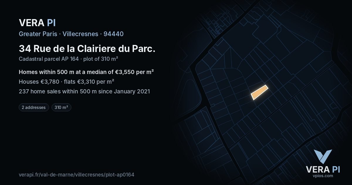 34 Rue de la Clairiere du Parc, Villecresnes at night – the plot lit, the parcels around coloured by the prices near them