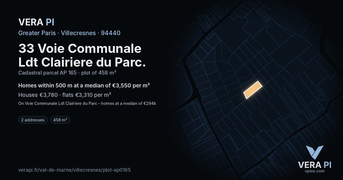 33 Voie Communale Ldt Clairiere du Parc, Villecresnes at night – the plot lit, the parcels around coloured by the prices near them