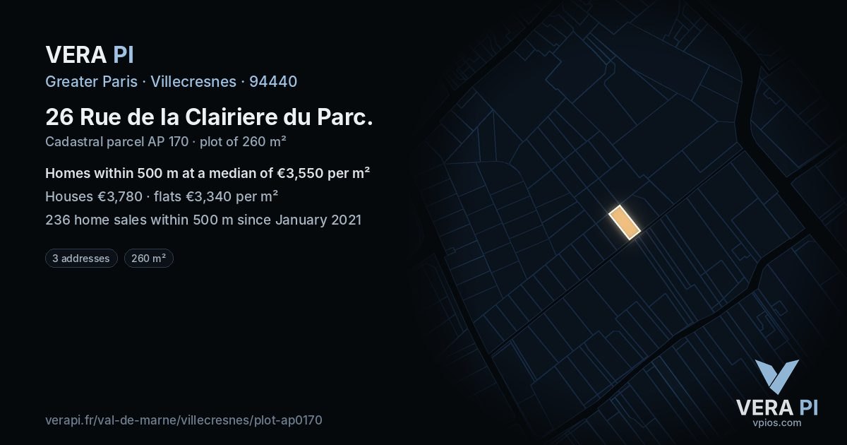 26 Rue de la Clairiere du Parc, Villecresnes at night – the plot lit, the parcels around coloured by the prices near them
